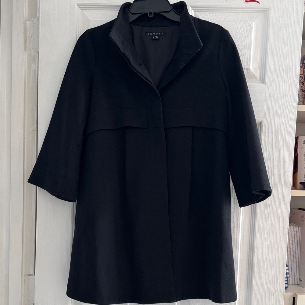 Theory Jacket Loris Craze Black Stretch Knit Size S Pleated-Back Coat